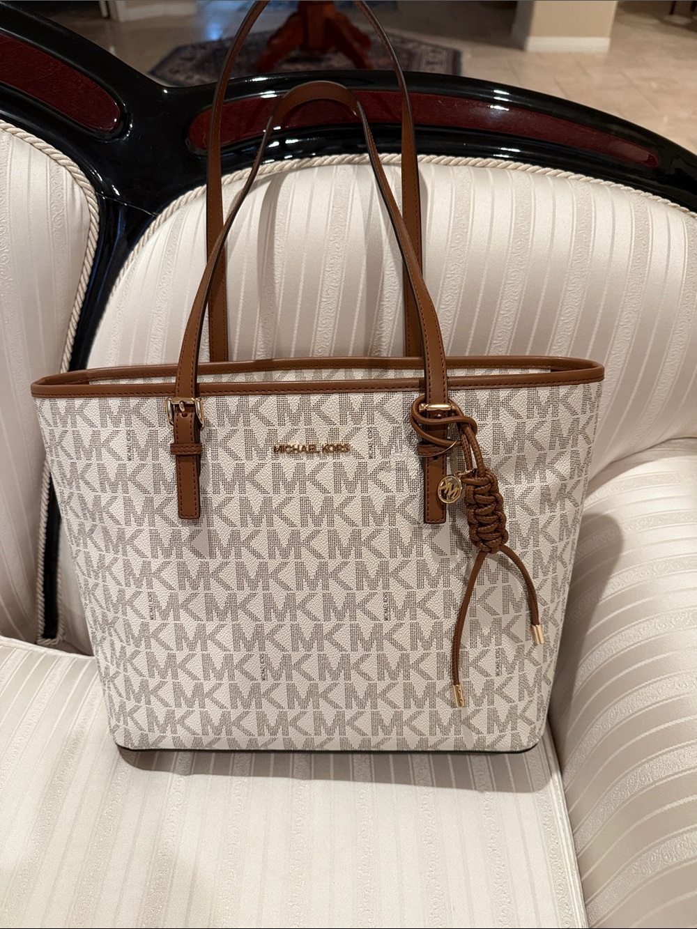Michael Kors Beige and Brown Signature MK Tote with Leather Trim